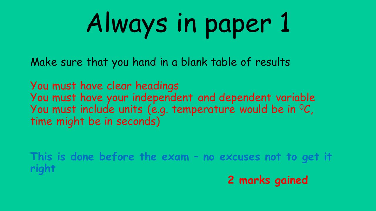 Always in paper 1 Make sure that you hand in a blank table of results