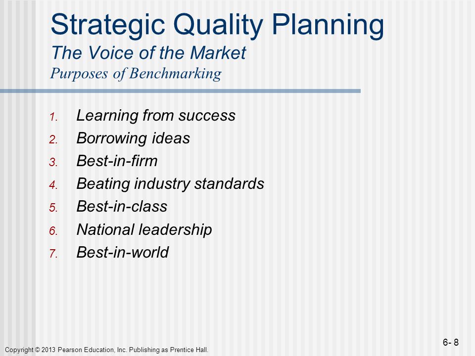 Strategic Quality Planning The Voice of the Market Purposes of Benchmarking