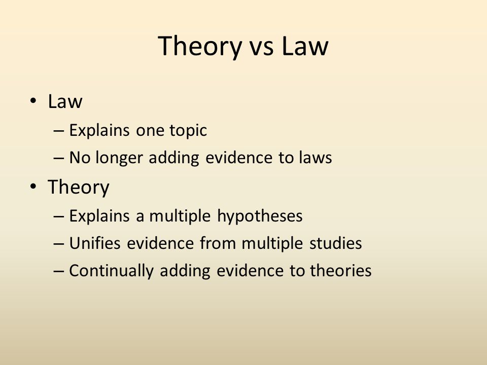 Theory vs Law Law Theory Explains one topic
