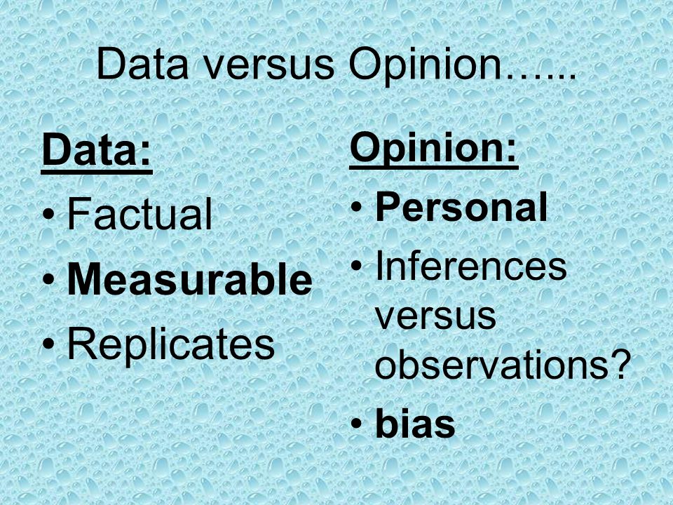 Data versus Opinion…... Data: Factual Measurable Replicates Opinion: