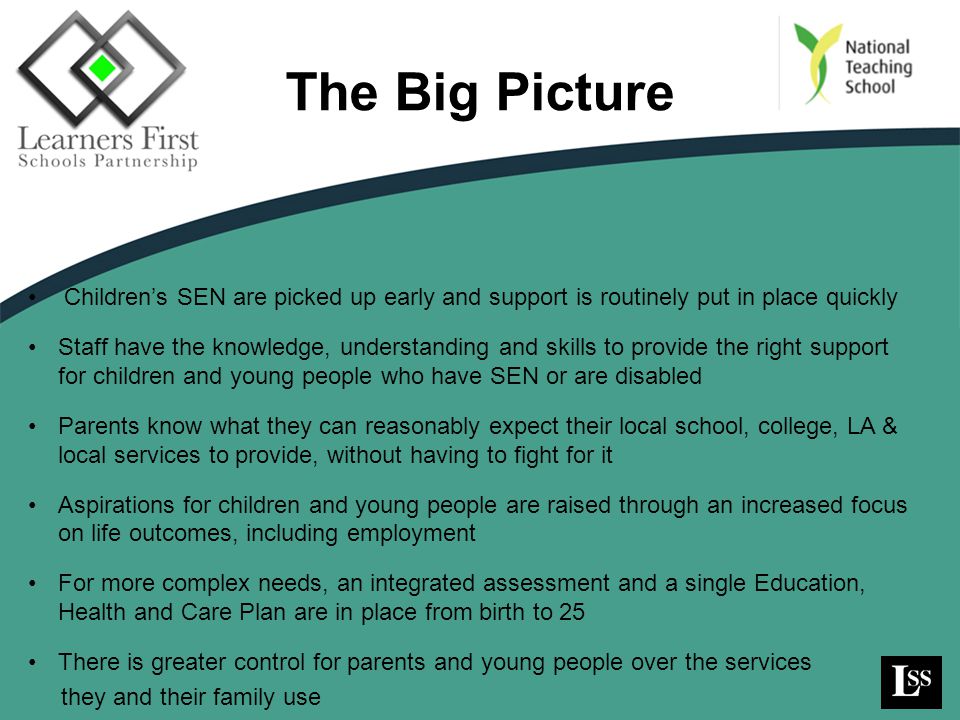 The Big Picture Children’s SEN are picked up early and support is routinely put in place quickly.