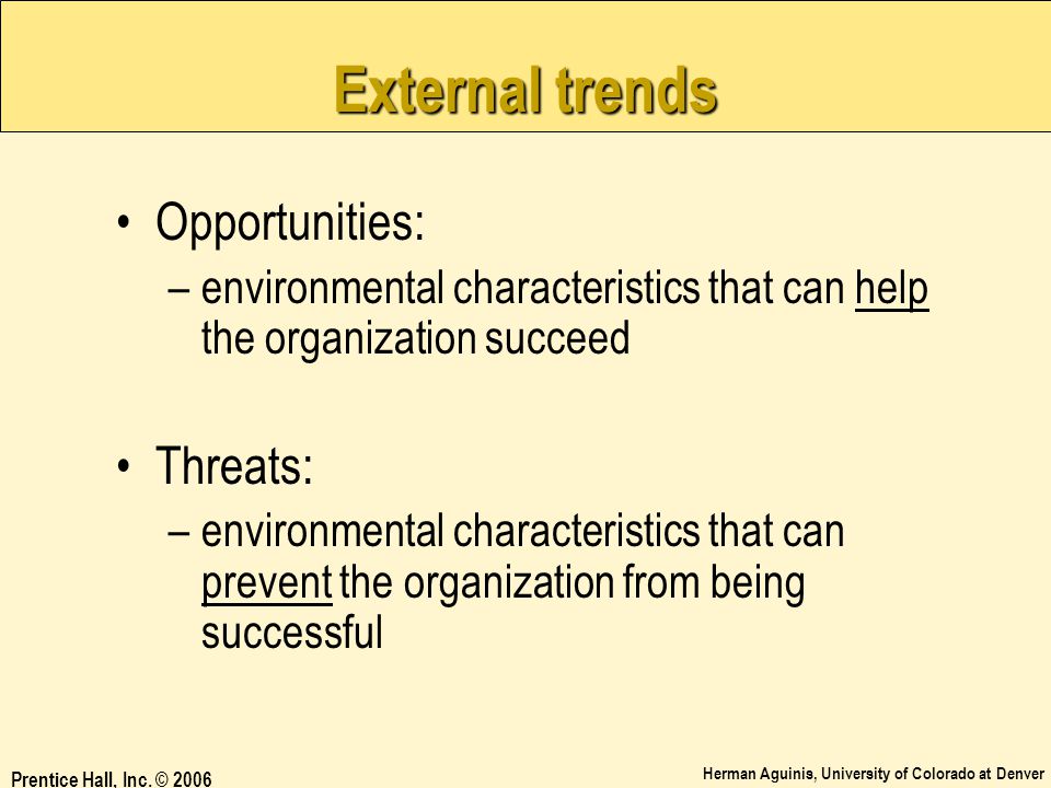 External trends Opportunities: Threats: