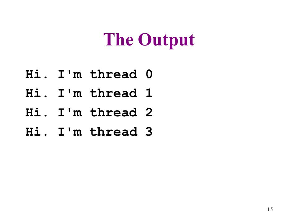 The Output Hi. I m thread 0 Hi. I m thread 1 Hi. I m thread 2