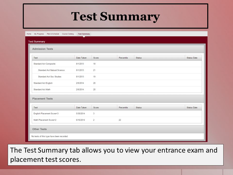 Test Summary The Test Summary tab allows you to view your entrance exam and placement test scores.
