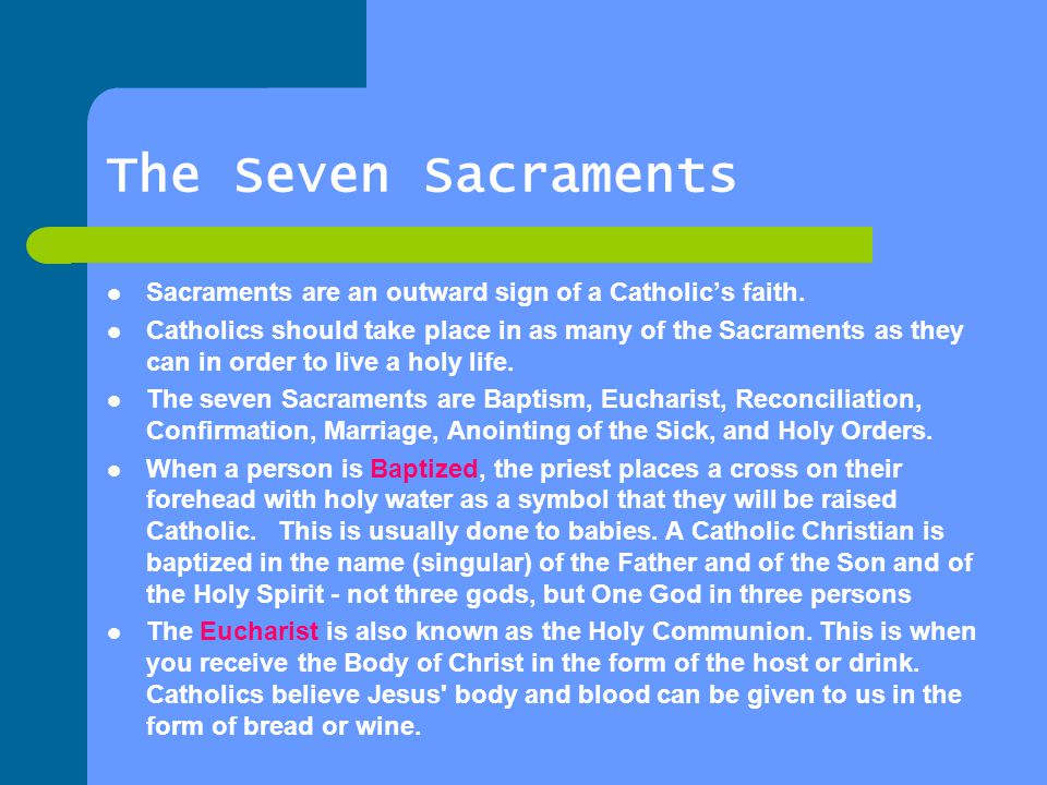 The Seven Sacraments Sacraments are an outward sign of a Catholic’s faith.