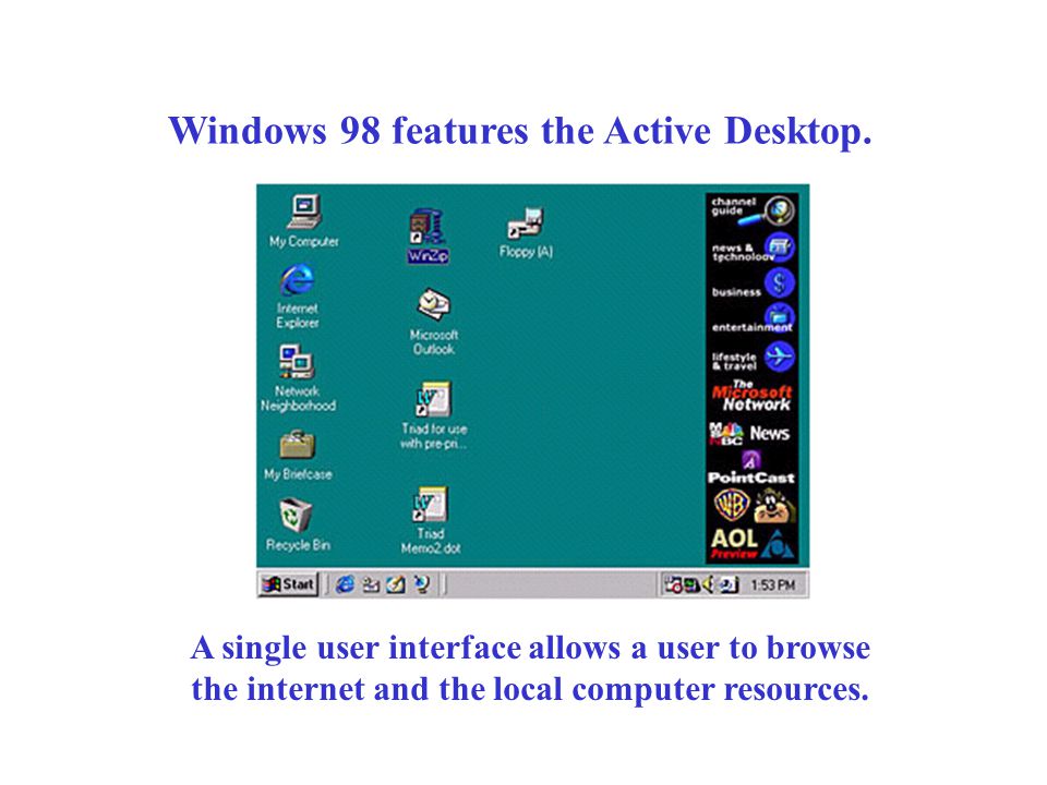 Windows 98 features the Active Desktop.