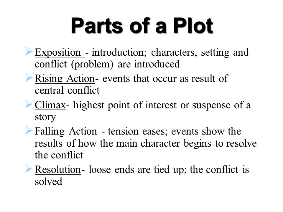 Parts of a Plot Exposition - introduction; characters, setting and conflict (problem) are introduced.
