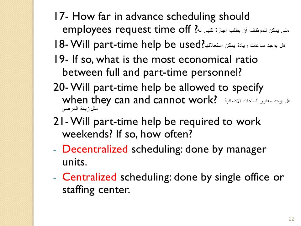 17- How far in advance scheduling should employees request time off