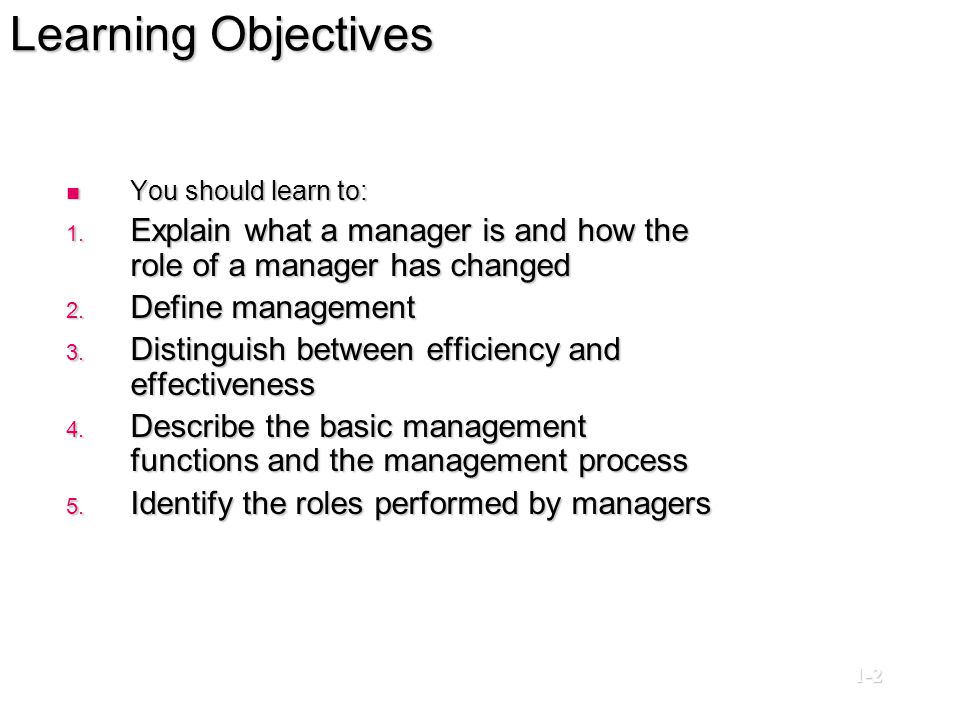 Learning Objectives You should learn to: Explain what a manager is and how the role of a manager has changed.