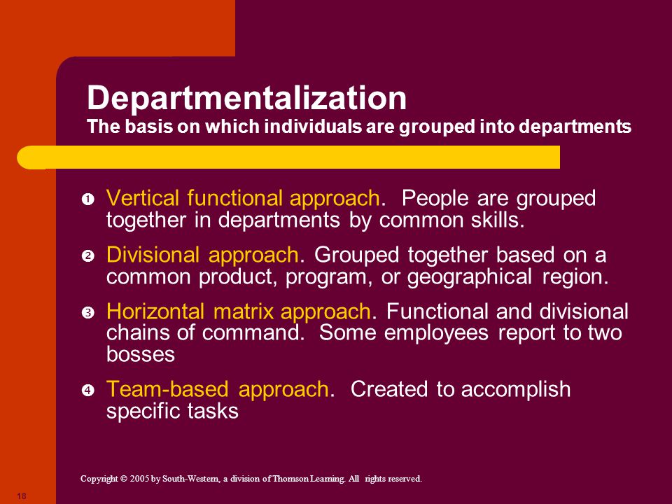 Departmentalization The basis on which individuals are grouped into departments