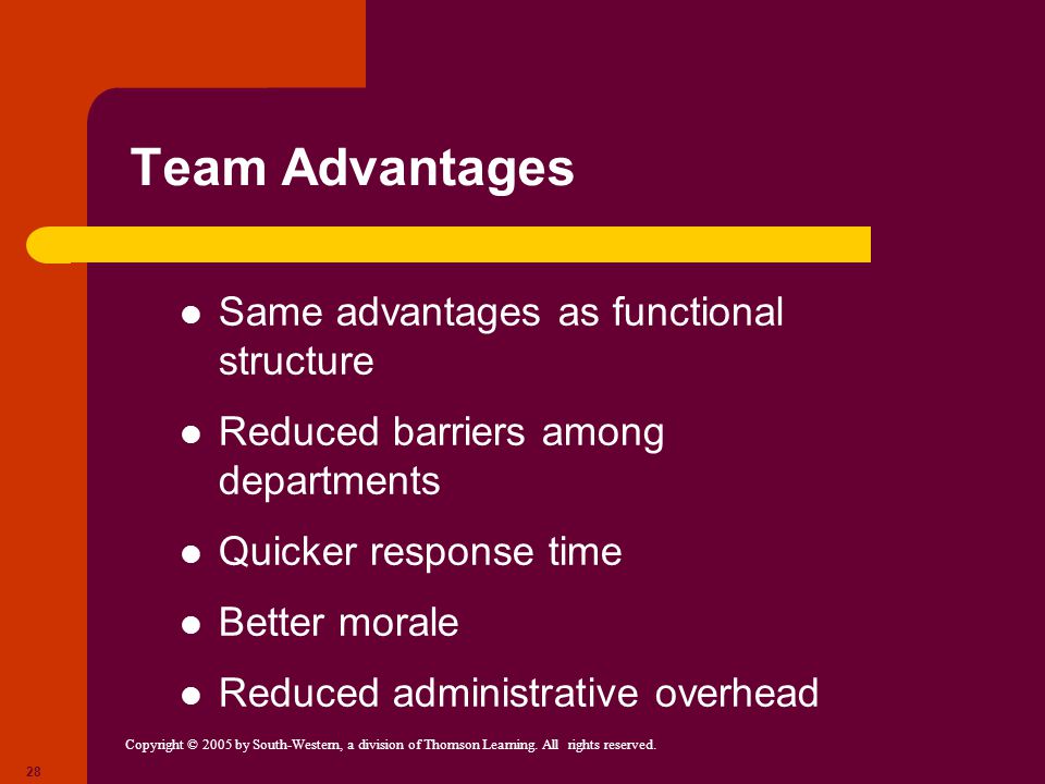 Team Advantages Same advantages as functional structure