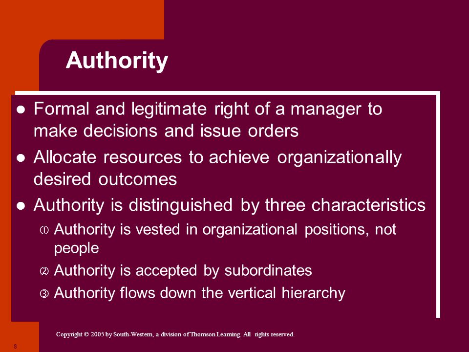 Authority Formal and legitimate right of a manager to make decisions and issue orders.