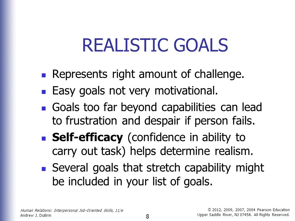 REALISTIC GOALS Represents right amount of challenge.