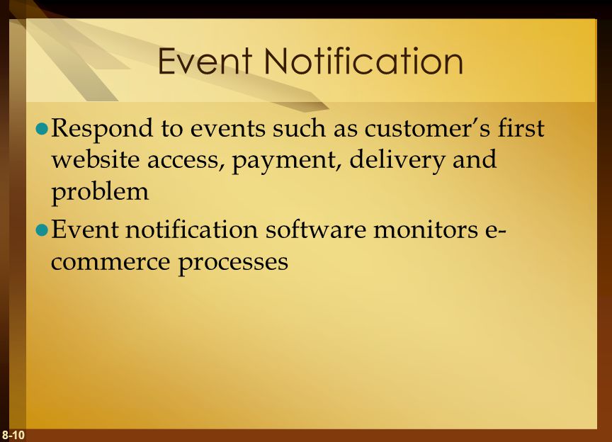 Event Notification Respond to events such as customer’s first website access, payment, delivery and problem.