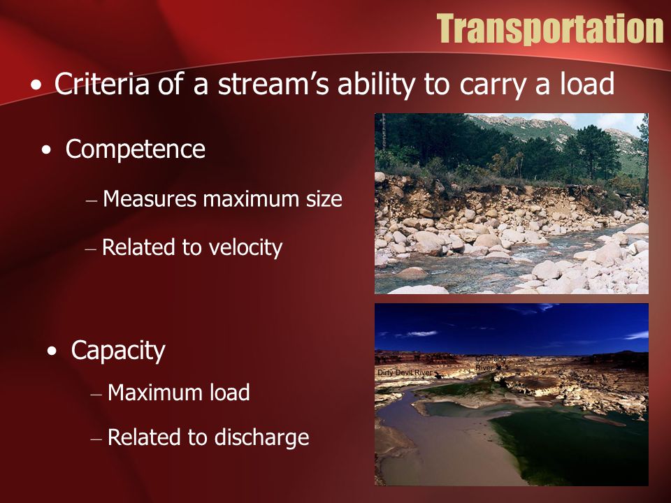 Transportation Criteria of a stream’s ability to carry a load