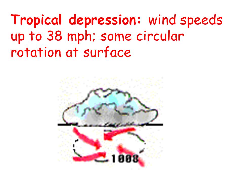Tropical depression: wind speeds up to 38 mph; some circular rotation at surface