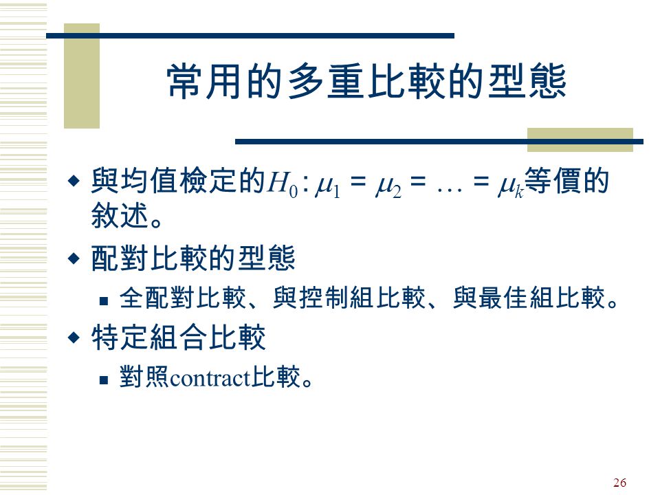 常用的多重比較的型態 與均值檢定的H0 : m1 = m2 = … = mk等價的敘述。 配對比較的型態 特定組合比較