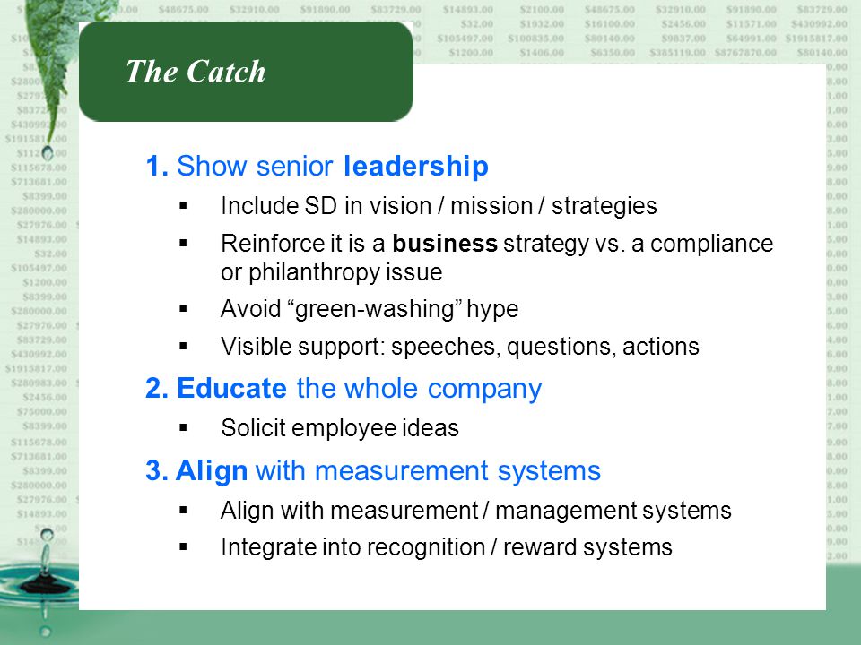The Catch 1. Show senior leadership 2. Educate the whole company