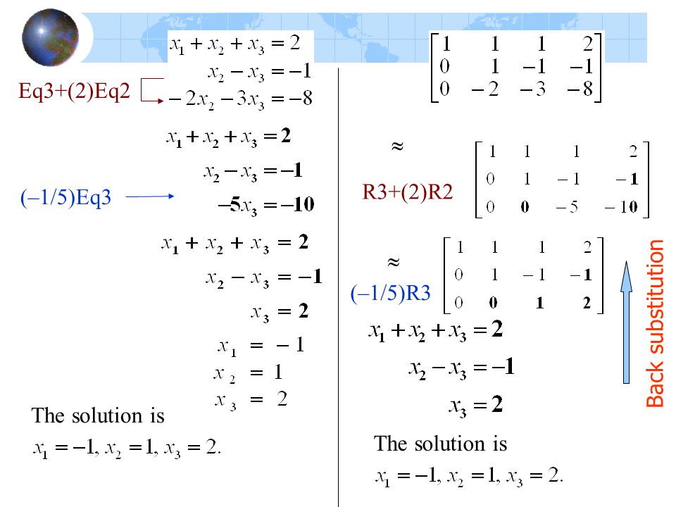 Eq3+(2)Eq2 R3+(2)R2  (–1/5)Eq3 Back substitution (–1/5)R3  The solution is The solution is