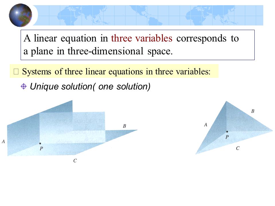 A linear equation in three variables corresponds to a plane in three-dimensional space.