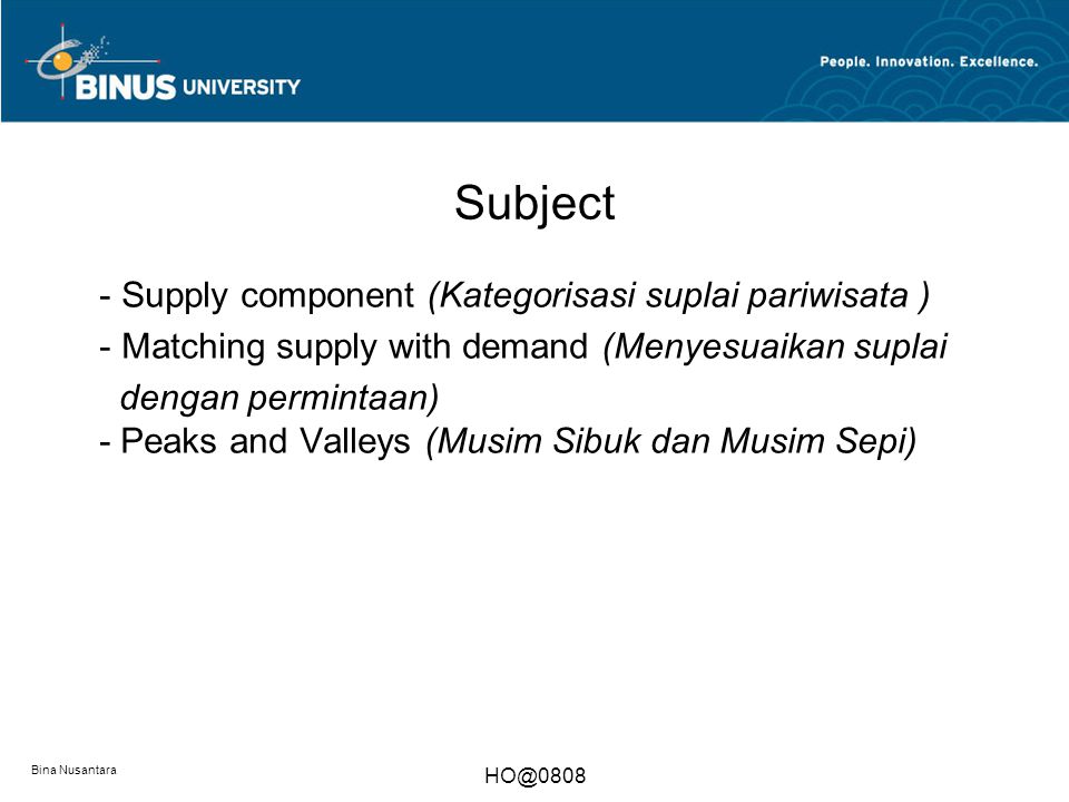 Subject Supply component (Kategorisasi suplai pariwisata )