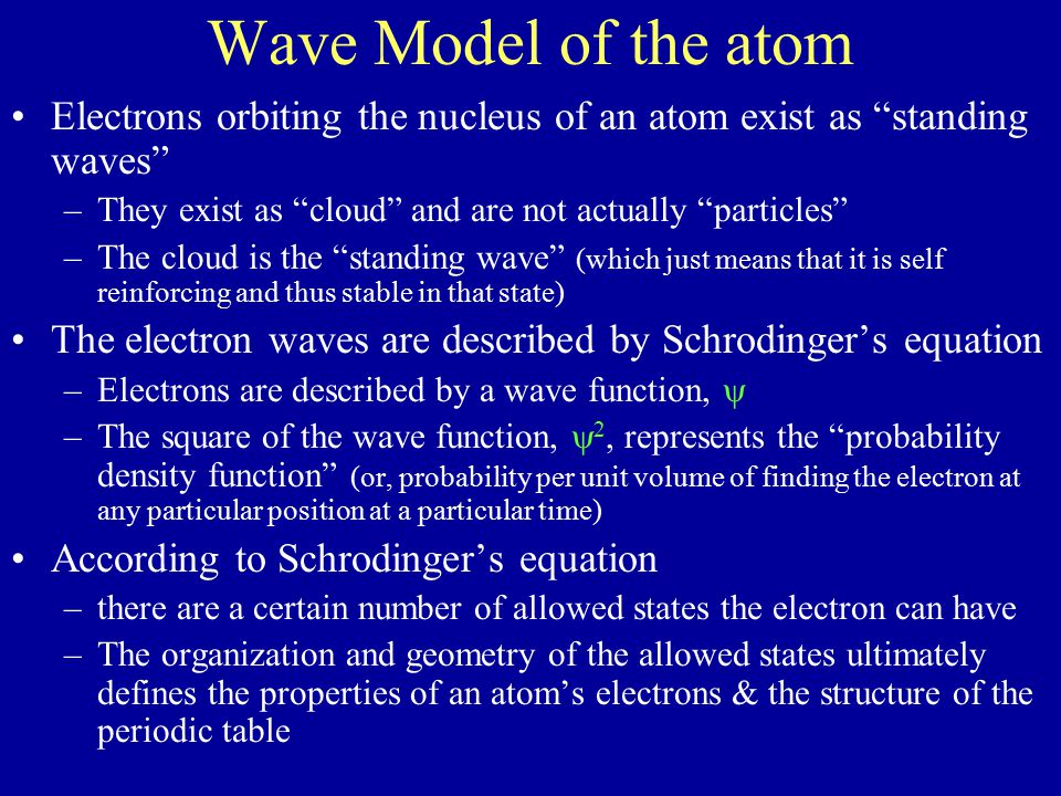 Wave Model of the atom Electrons orbiting the nucleus of an atom exist as standing waves They exist as cloud and are not actually particles