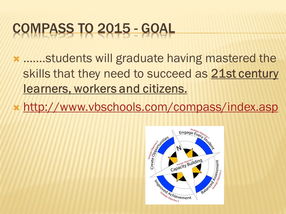 Compass to goal …….students will graduate having mastered the skills that they need to succeed as 21st century learners, workers and citizens.