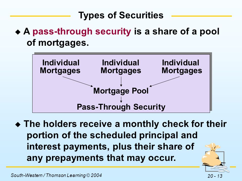 A pass-through security is a share of a pool of mortgages.