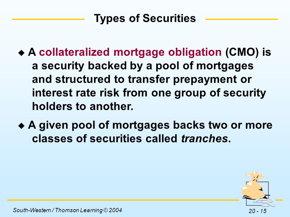 Types of Securities A collateralized mortgage obligation (CMO) is.