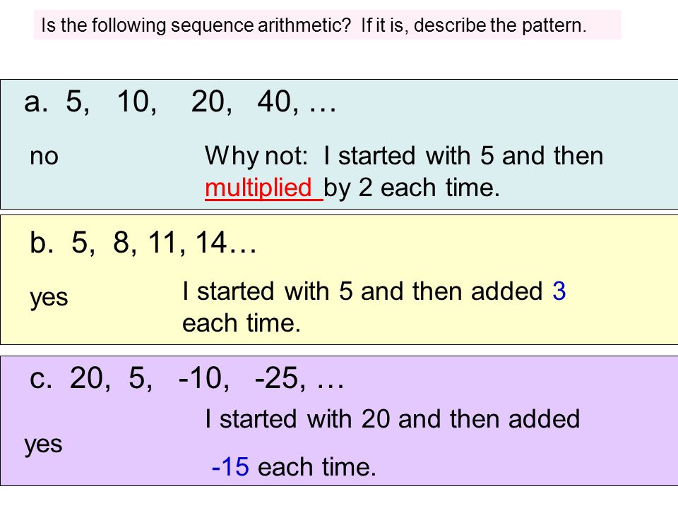 Is the following sequence arithmetic If it is, describe the pattern.