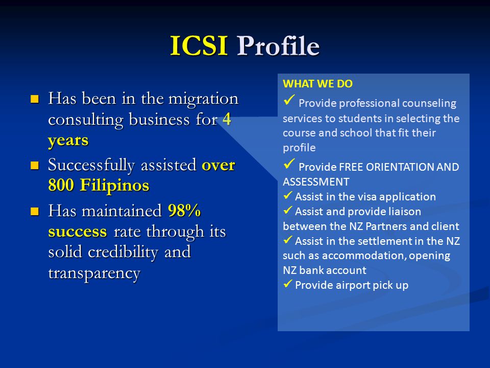 ICSI Profile Has been in the migration consulting business for 4 years