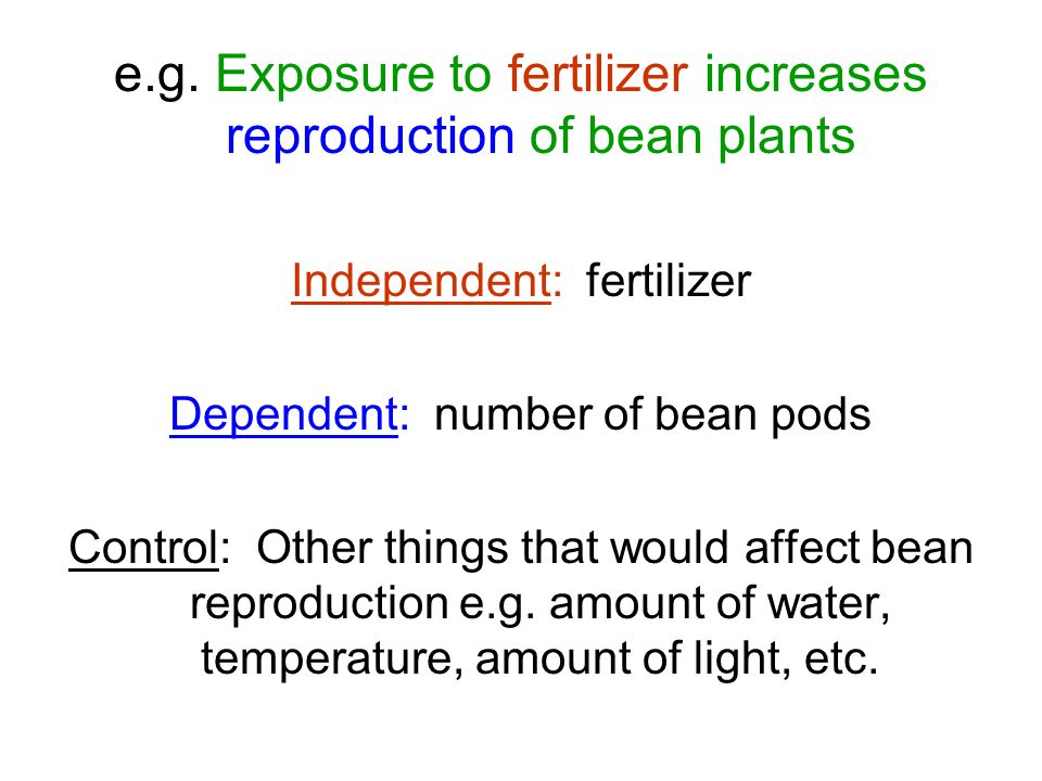 e.g. Exposure to fertilizer increases reproduction of bean plants