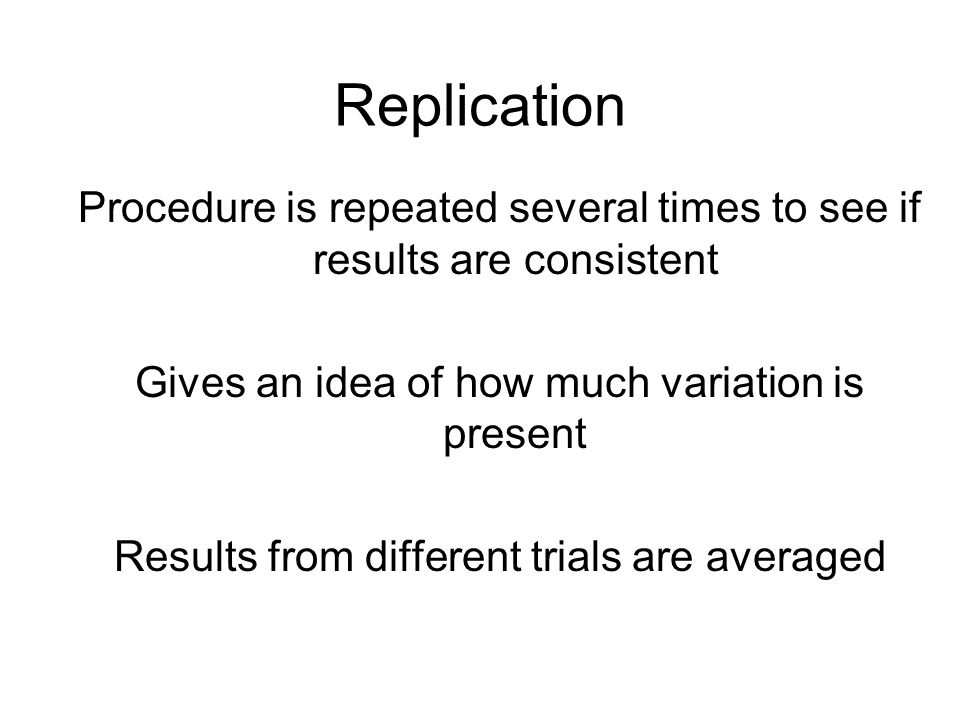 Replication Procedure is repeated several times to see if results are consistent. Gives an idea of how much variation is present.