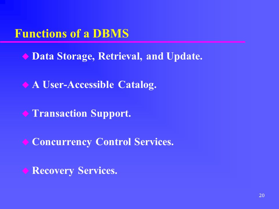 Functions of a DBMS Data Storage, Retrieval, and Update.