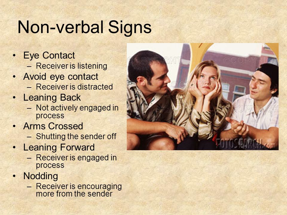 Non-verbal Signs Eye Contact Avoid eye contact Leaning Back