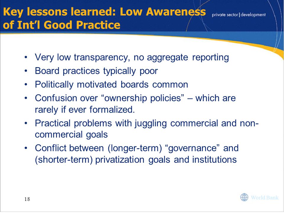 Key lessons learned: Low Awareness of Int’l Good Practice