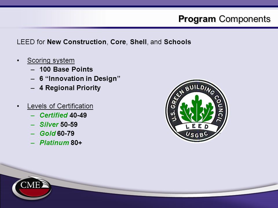 Program Components LEED for New Construction, Core, Shell, and Schools