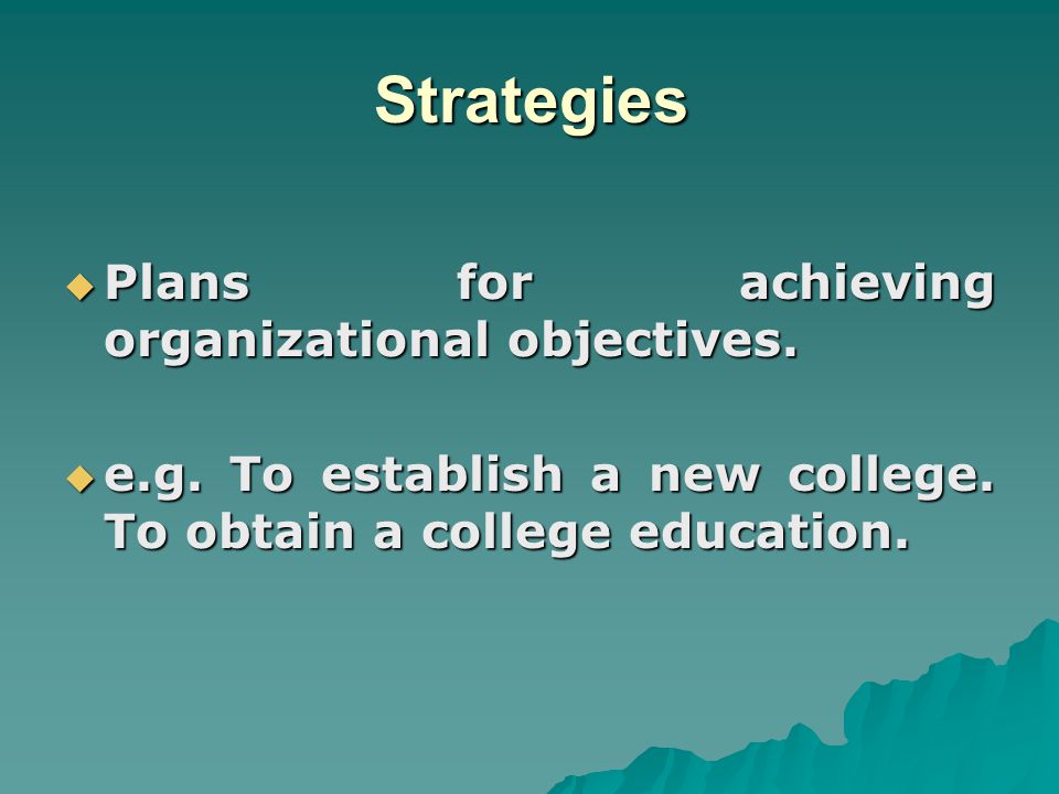Strategies Plans for achieving organizational objectives.
