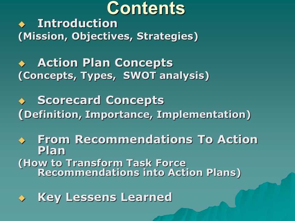 Contents Introduction Action Plan Concepts Scorecard Concepts