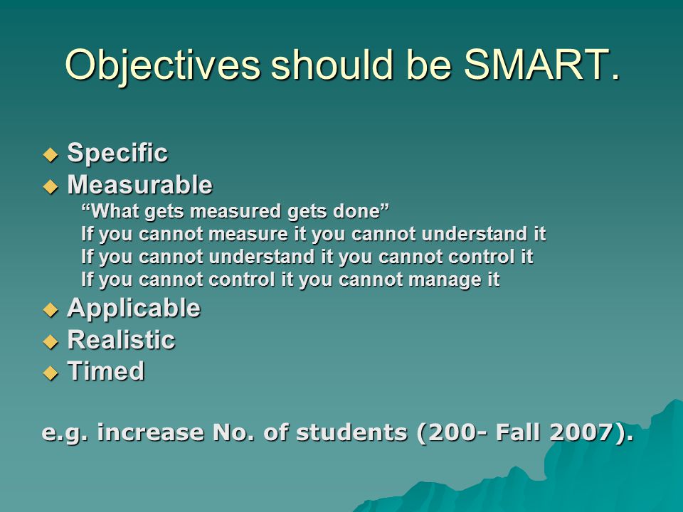 Objectives should be SMART.