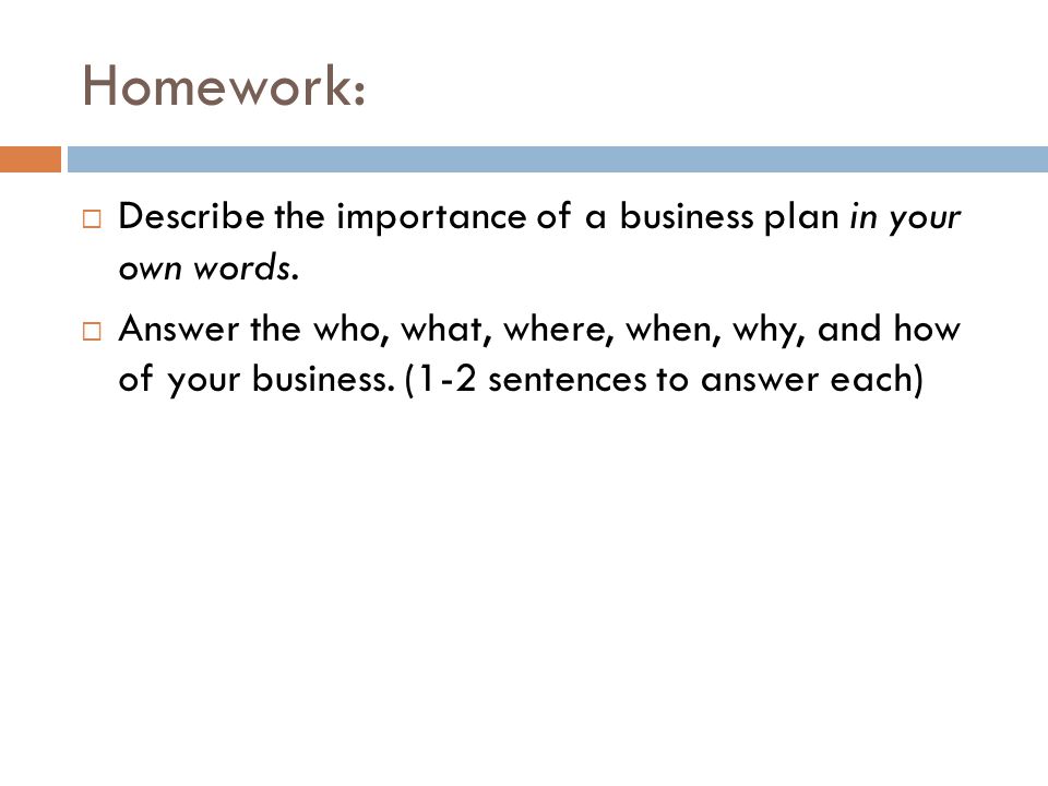 Homework: Describe the importance of a business plan in your own words.