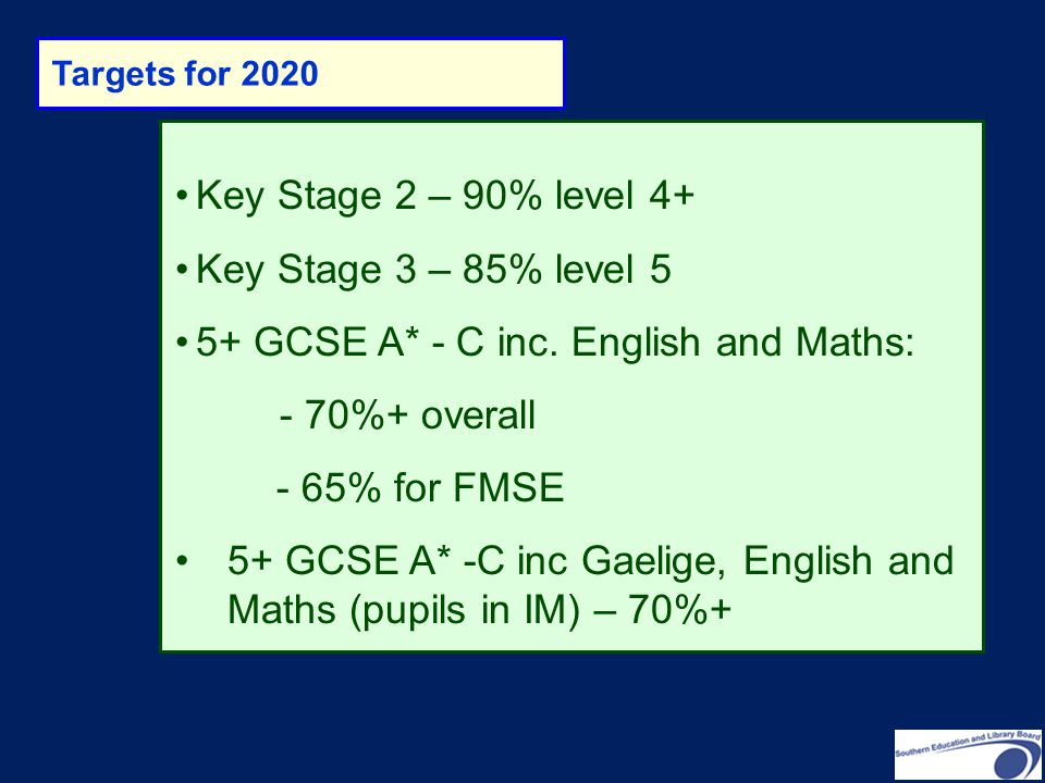 5+ GCSE A* - C inc. English and Maths: - 70%+ overall - 65% for FMSE