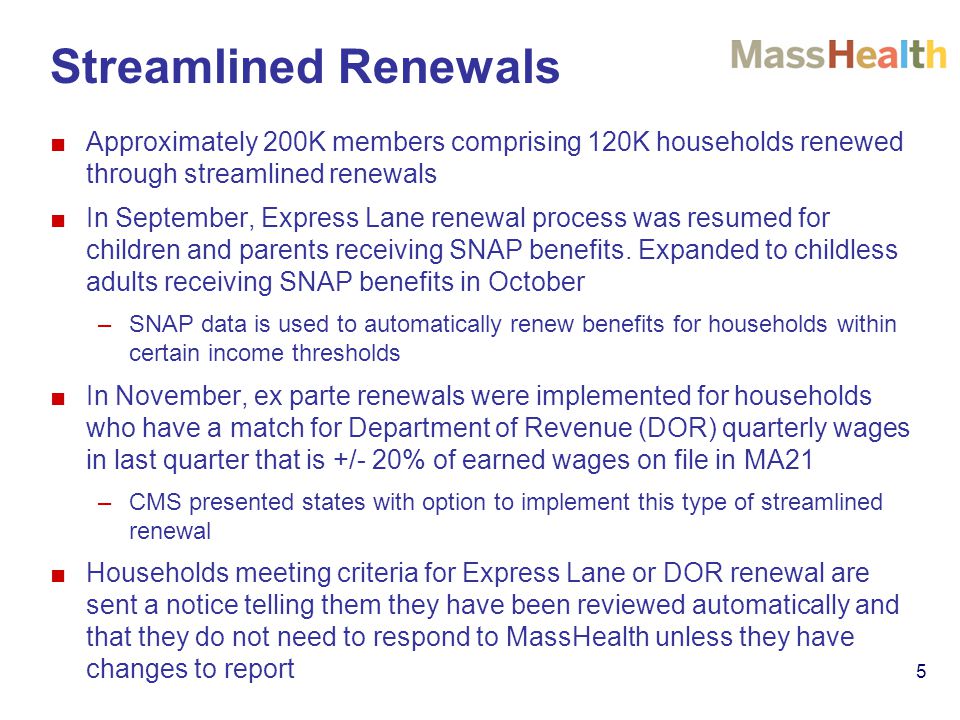Streamlined Renewals Approximately 200K members comprising 120K households renewed through streamlined renewals.