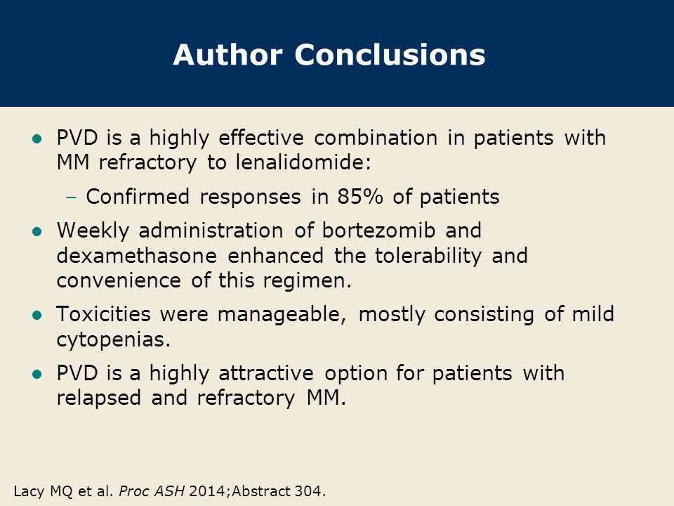 Author Conclusions PVD is a highly effective combination in patients with MM refractory to lenalidomide: