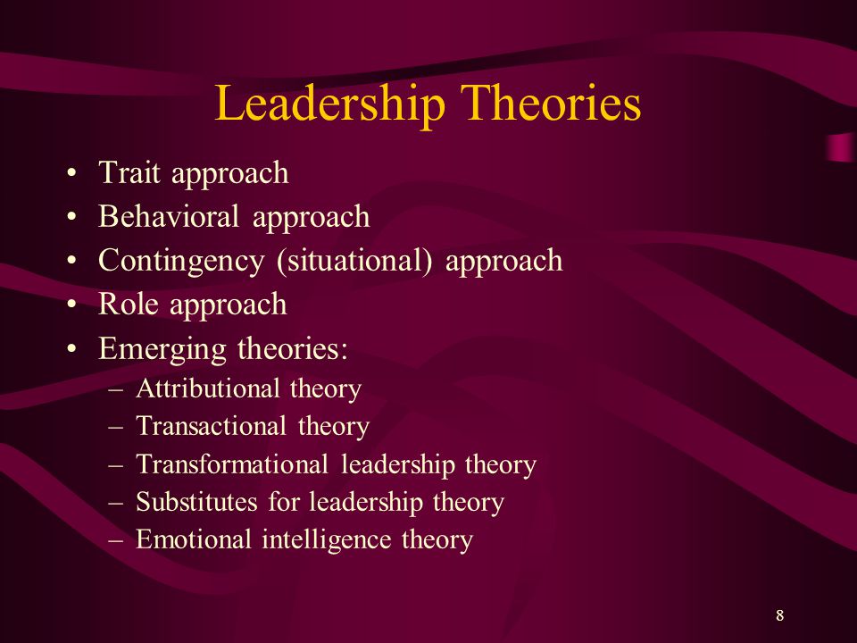 Leadership Theories Trait approach Behavioral approach