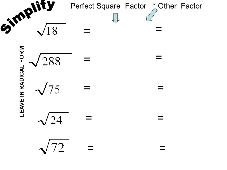 Simplify = = = = = = = = = = Perfect Square Factor * Other Factor