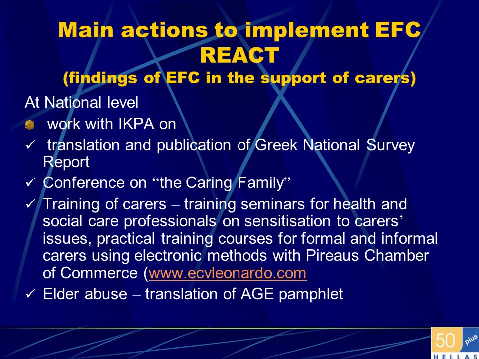 Main actions to implement EFC REACT (findings of EFC in the support of carers)