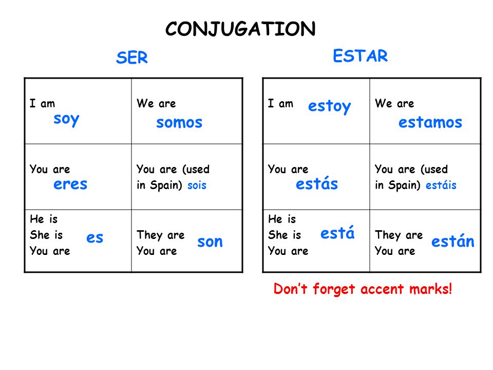 CONJUGATION SER ESTAR estoy soy somos estamos eres estás está es son.