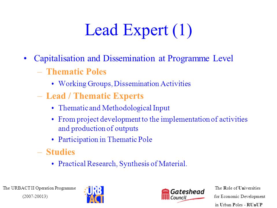 Lead Expert (1) Capitalisation and Dissemination at Programme Level