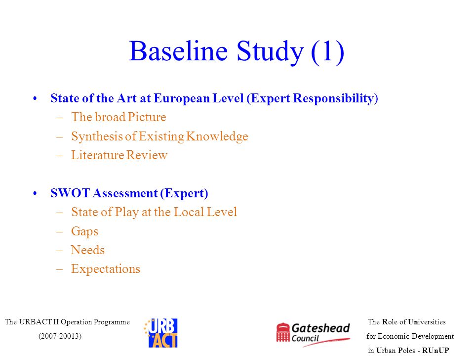 Baseline Study (1) State of the Art at European Level (Expert Responsibility) The broad Picture. Synthesis of Existing Knowledge.
